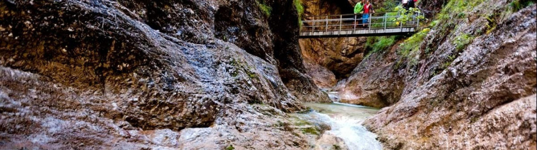 Glasklar fließt das Wasser durch die Almbachklamm.