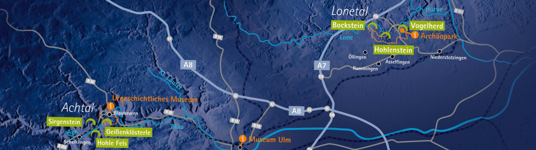 Die sechs Höhlen liegen im Ach- und Lonetal in der Nähe von Ulm.