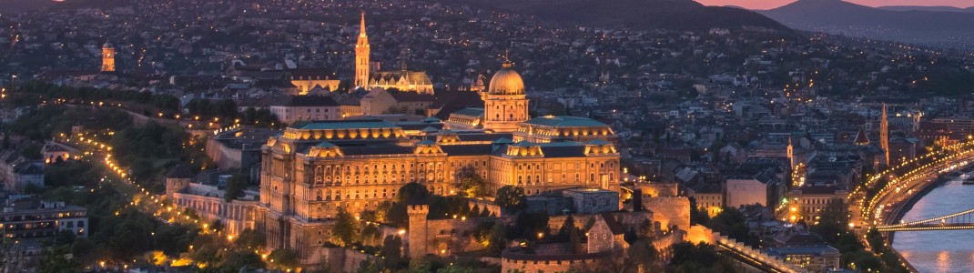 Beleuchtet bei Nacht: Der Burgpalast thront eindrucksvoll über der Donau-