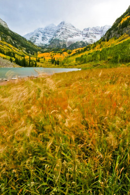 Fall color surrounds the Maroon Bells