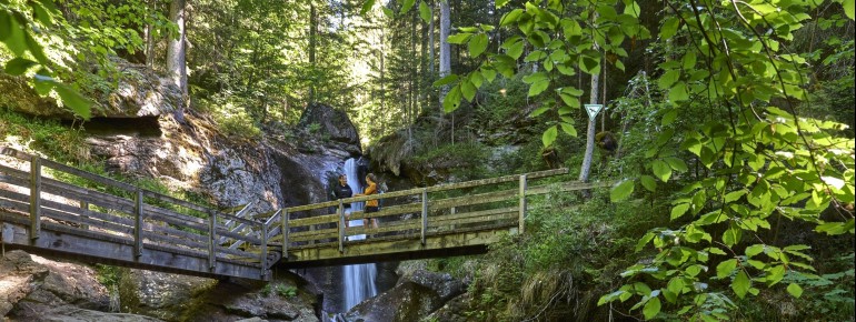 The Rißloch Waterfalls plunge down in five cascades over a total height of 55 meters—framed by ancient mixed mountain forest in the nature reserve.