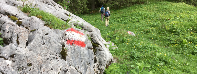 Zur Orientierung am Wanderpfad dient die rot-weiß-rote Fahne der Alpenrepublik. Sie ist auf Steinen, am Boden sowie auf Bäumen aufgemalt.