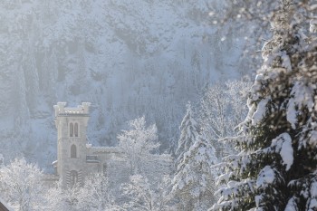 Der Turm des Schlosses Linderhof ragt aus der verschneiten Baumlandschaft hervor.