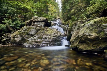 Am Hochfall hat sich das Wasser über Jahrtausende eine kesselförmige Gumpe in den Fels gemeißelt – ein Naturdenkmal seit 1965.