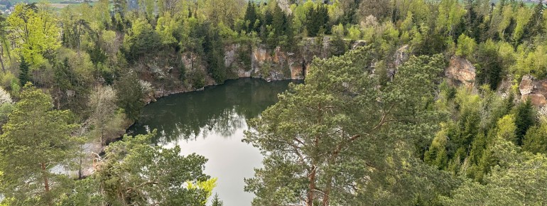 Toller Blick vom Turm über den Steinbruchsee hinein in den Bayerischen Wald.