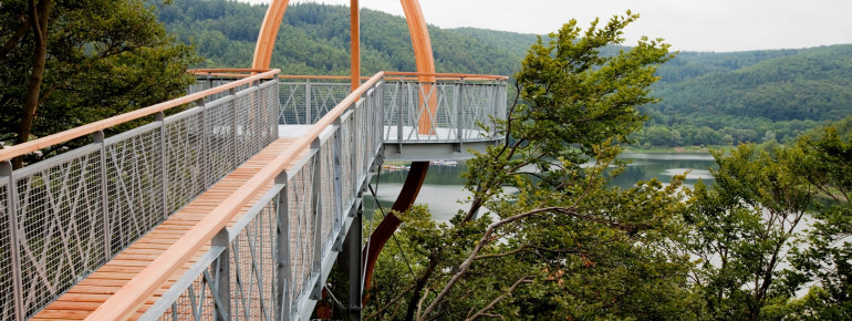 Von der Aussichtsplattform hast du einen Panoramablick über die Landschaft am Edersee.
