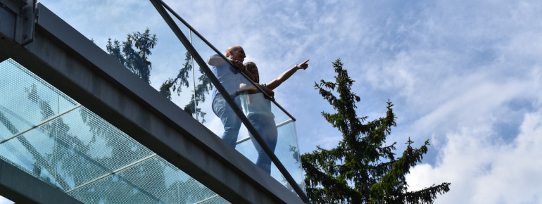 Auf dem Glassteg kannst du nicht nur in die Ferne schauen, sondern auch entdecken, was unter dir liegt.