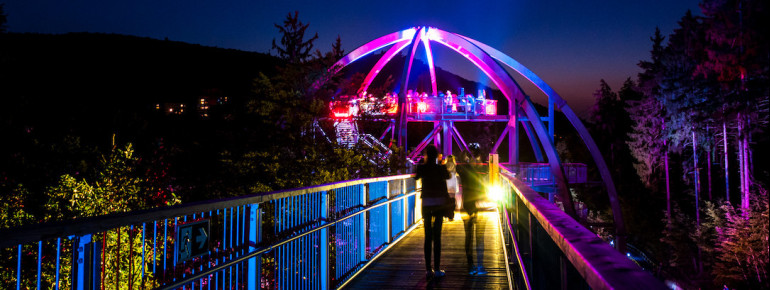 Beim Wipfelleuchten erstrahlt der Pfad in stimmungsvollem Licht.