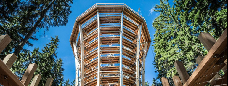 Der Aussichtsturm des Baumwipfelpfads Krkonoše ist 45 Meter hoch.