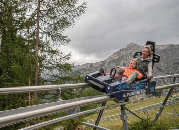 Auf 1.790 Metern Seehöhe startet der ELFERCOASTER seine 1,3 Kilometer lange Fahrt den Elfer hinab – mit Blick über das Stubaital.