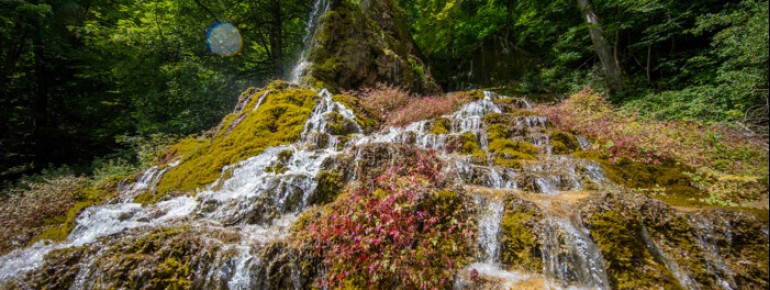 Der Gütersteiner Wasserfall fließt in sanften Kaskaden über moosbewachsene Tuffterrassen.
