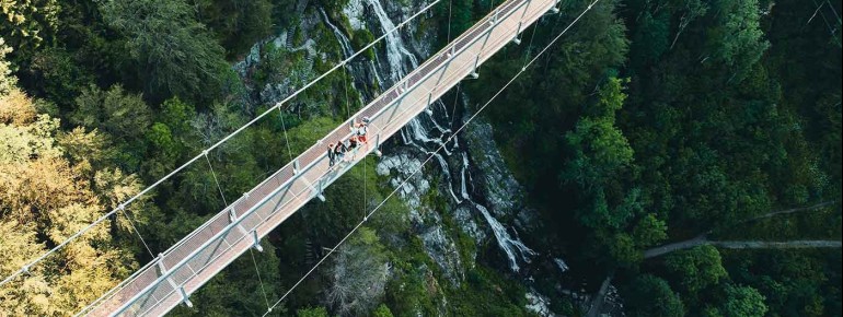 Die 1,20 Meter breite Hängebrücke führt mitten durch die Landschaft des Biosphärengebiets Schwarzwald bei Todtnau.