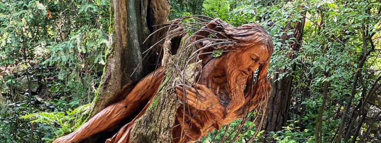 Während rund um die Villa ein gepflegter englischer Garten angelegt ist, beherbergt der andere Teil der Insel einen wild wuchernden Park. Entlang der Wege verstecken sich zahlreiche Holzskulpturen, die den Park noch märchenhafter erscheinen lassen.