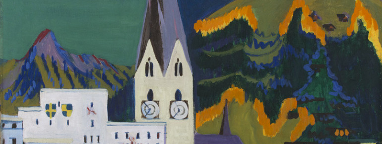 Kirchner hat sich in seinen Werken mit Davos auseinander gesetzt, wie hier im Bild "Rathaus, Davos Platz".