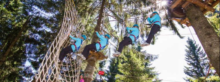 Schwinge dich vom Baum bis zum Netz. Ob es so leicht ist, wie es aussieht, kannst du im Kletterwald Söllereck selbst probieren.