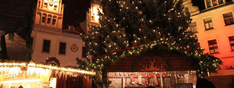 Der Meißner Weihnachtsbaum erstrahlt mit seinen Lichterketten in festlicher Pracht.