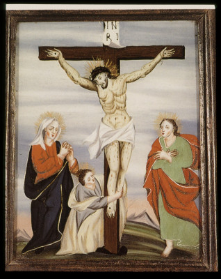 Kreuzigung mit Maria und Johannes Staffelsee, Oberbayern, um 1800 Hinterglasmalerei