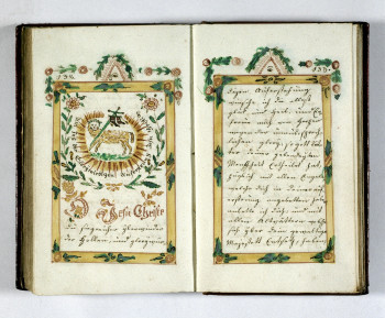 Gebetbuch von Michael Ottmann für Kreszentia Topf Großweingarten, 1829 auf Papier geschrieben und gemalt