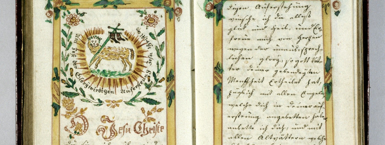 Gebetbuch von Michael Ottmann für Kreszentia Topf Großweingarten, 1829 auf Papier geschrieben und gemalt