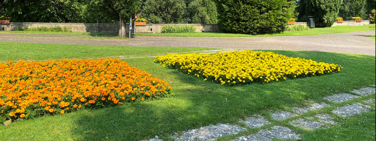 Liebevoll angelegte Blumenbeete wohin man blickt