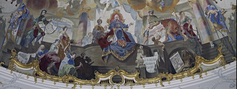 Das Detail aus dem rekonstruierten Kuppelgemälde von J. Zick zeigt Fürstbischof Hutten als Bauherr und Förderer der Künste.
