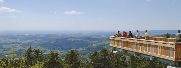 Auf der Aussichtsplattform hast du eine Sicht über den Bayrischen Wald und das Donautal.