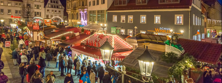 Der Zwickauer Weihnachtsmarkt erstreckt sich durch die historische Altstadt (Hauptmarkt, Münzstraße, Keplerstraße, Marienplatz und Kornmarkt).
