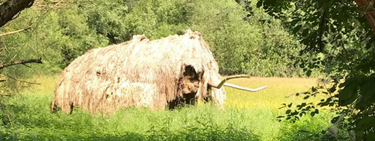 Schau mal ein Mammut! Figuren aus Holz oder Ton und verschiedene Bauwerke aus Naturmaterialien warten darauf entdeckt zu werden.