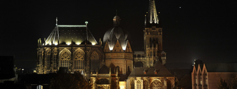 Even at night you can't miss the big building.