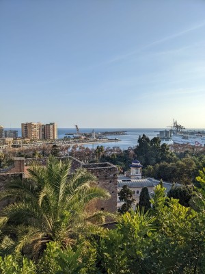 The fortress offers sweeping views of lush greenery, the bustling harbour city, the town hall, and the container port.