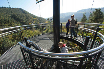 The 40 m high observation tower of the treetop path offers a beautiful view of the Palatinate Forest.