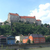 Back view of Burghausen Castle seen from the Austrian side of the River Salzach.