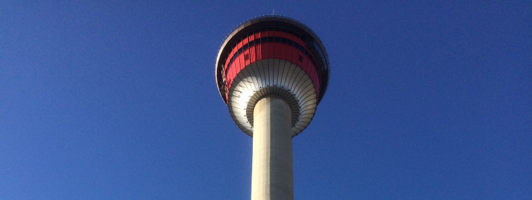 The 190.8-meter (626 ft) Calgary Tower from below.