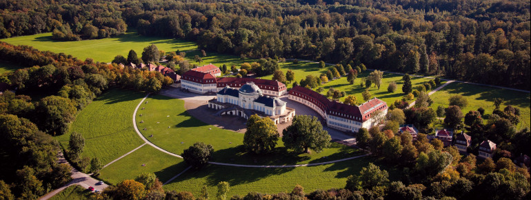 A bird's eye view of Castle Solitude near Stuttgart and its palace garden.