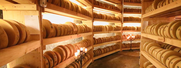 More than 3000 cheese wheels are stored in the cheese grotto.