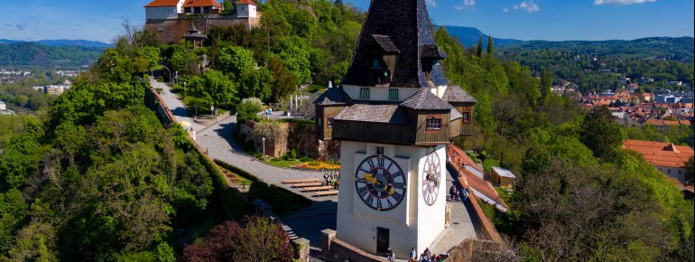 The observation deck of the tower offers a breathtaking view over the city of Graz.