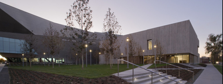 View of the exterior of the Clyfford Still Museum. The Museum is a minimalist showcase for the large-scale paintings and archives of the namesake Abstract Expressionist.