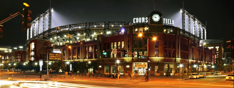 Coors Field at night in Denver's Lower Downtown neighborhood, two blocks from Union Station.