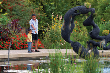 Father and son enjoying a nice afternoon at the Denver Botanic Gardens.