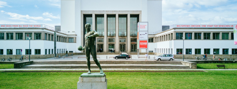 View of the museum forecourt with ball thrower statue.