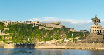 From the banks of the Rhine, one can gaze upon the mighty Ehrenbreitstein Fortress.