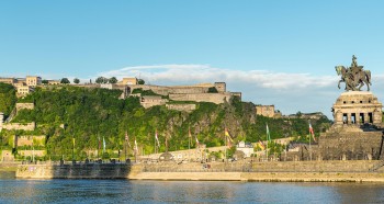 From the banks of the Rhine, one can gaze upon the mighty Ehrenbreitstein Fortress.