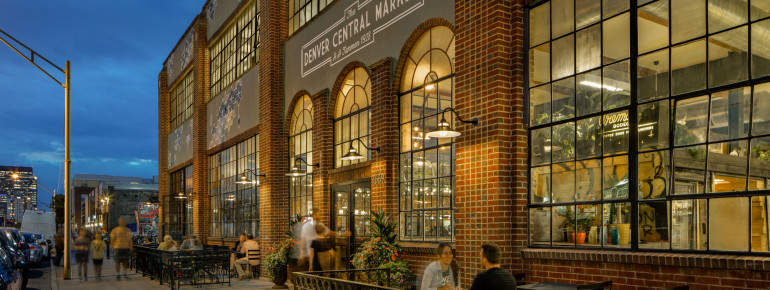 View of the Denver Central Market building in the RiNo district.