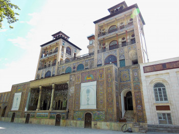 Golestan Palace's exterior is covered in tiled mosaics.