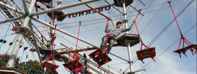 There are lots of obstacles at dizzy heights in the climbing park.