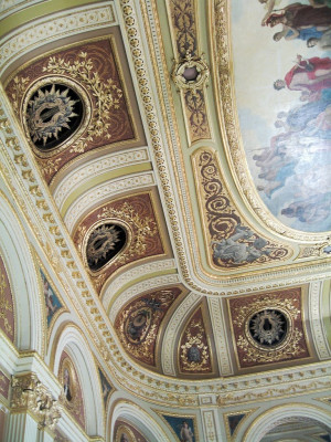 A detailed view of the ceiling ornaments