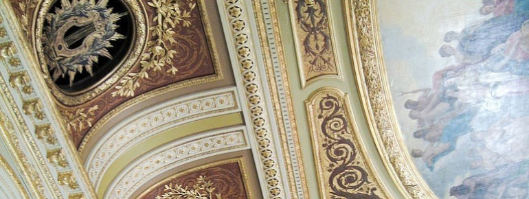 A detailed view of the ceiling ornaments