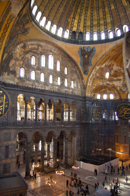 The interior is decorated with religious mosaics.