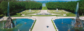 View from the palace to the park. In the back you can see the shore of the Chiemsee lake.