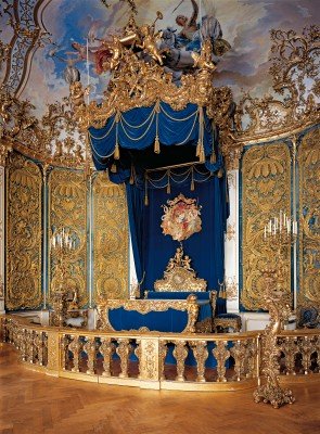 The famous blue bedroom in Linderhof Palace.